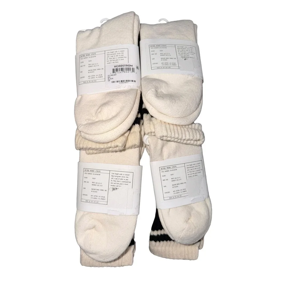 American Trench Retro Crew Socks Lot 4 Pair NIP Made USA White Black Stripe
